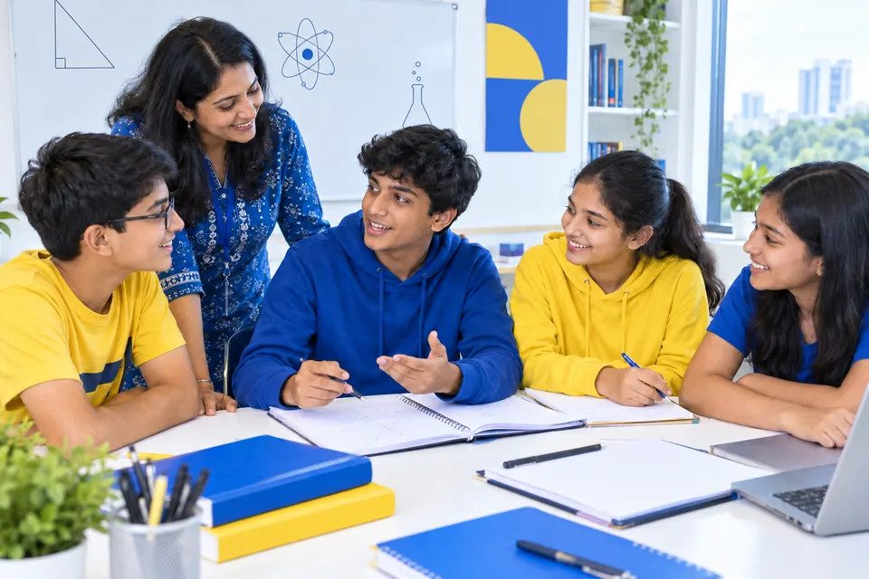 A teacher guiding confident students through a small-group tutorial lesson